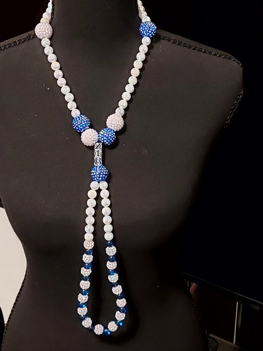 Zeta Phi Beta Inspired White and Blue Beaded Rosary Necklace